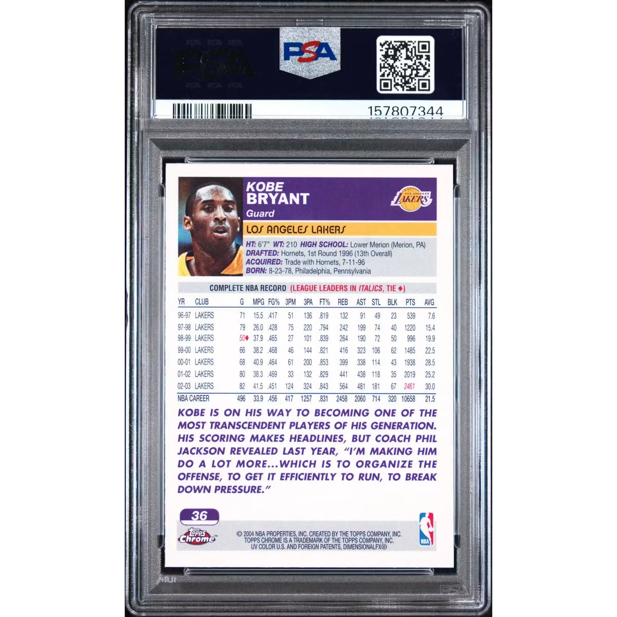 Kobe Bryant 2003 Topps Chrome #36 | PSA 10 Gem Mint | P5182316
