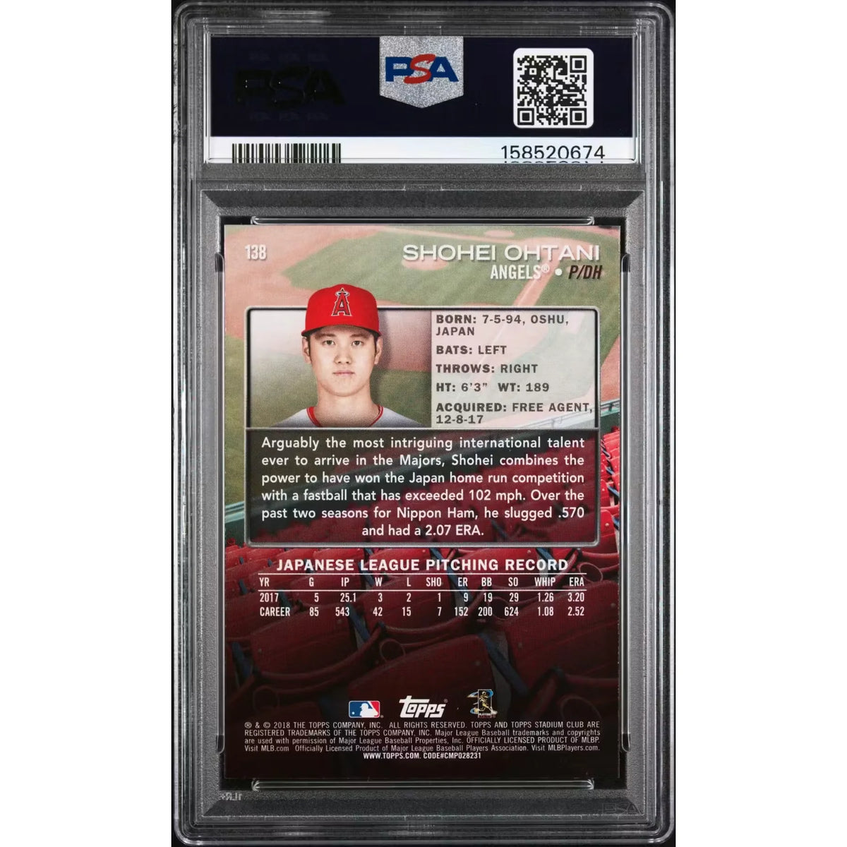 2018 Topps Stadium Club Shohei Ohtani Rookie #138 PSA 10 - D2 | P5182326
