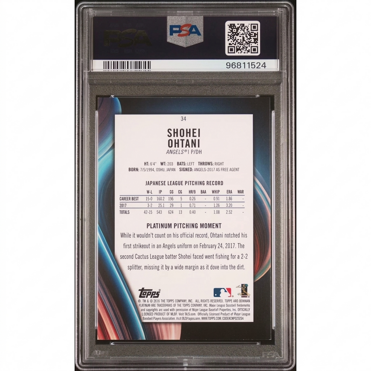 Shohei Ohtani 2018 Bowman Platinum Ice Rookie Card #34 | PSA 9 | P5182332