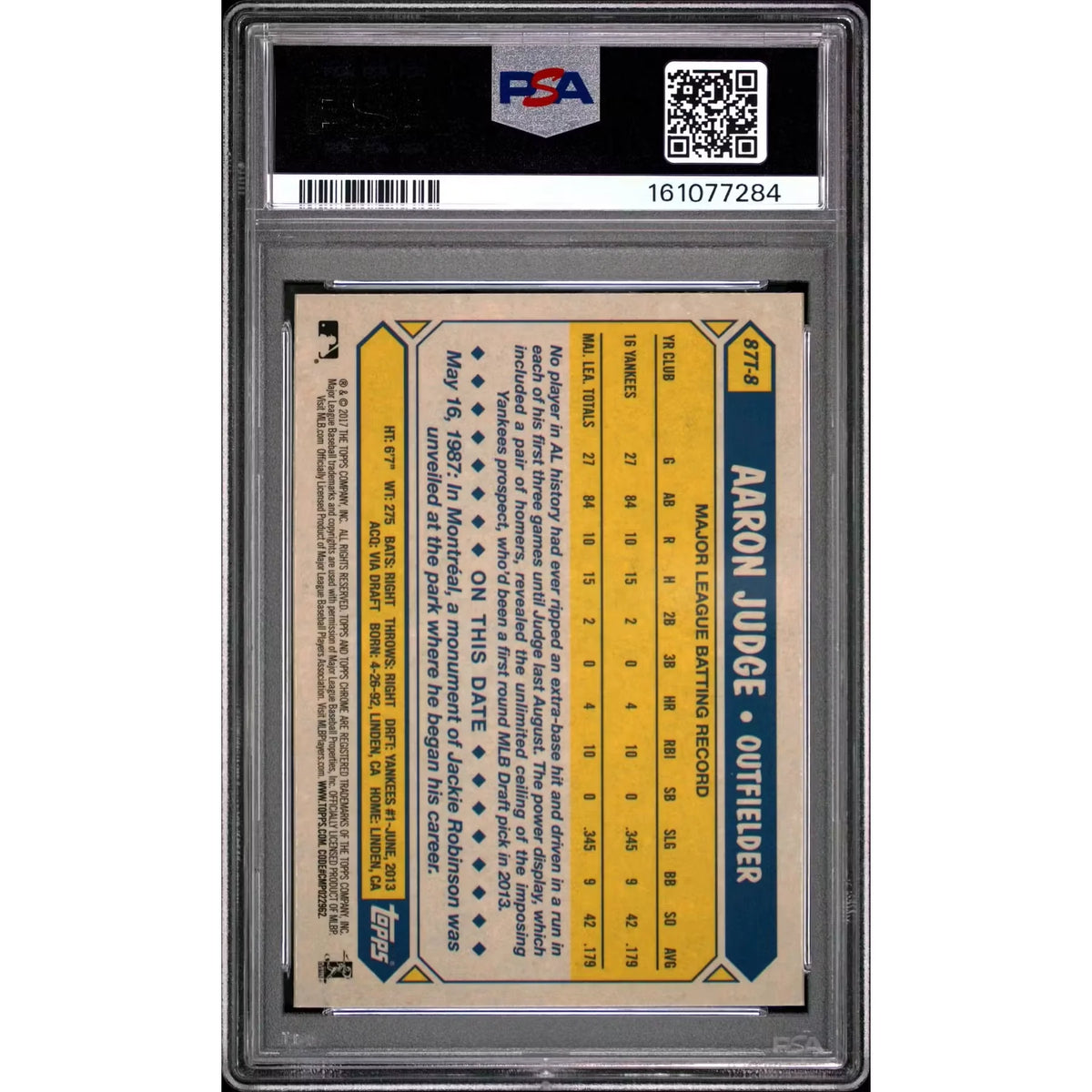 2017 Topps Chrome Aaron Judge Rookie 1987 Topps #87T8 PSA 10 - D2 | P5182366