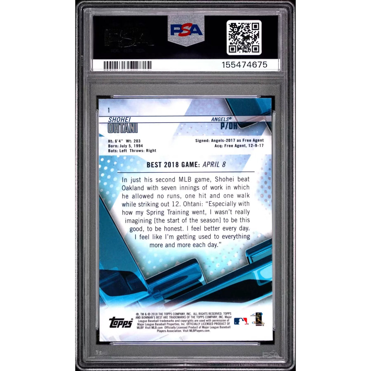 Shohei Ohtani 2018 Bowman's Best Rookie #1 Card | PSA 9 | P5182398