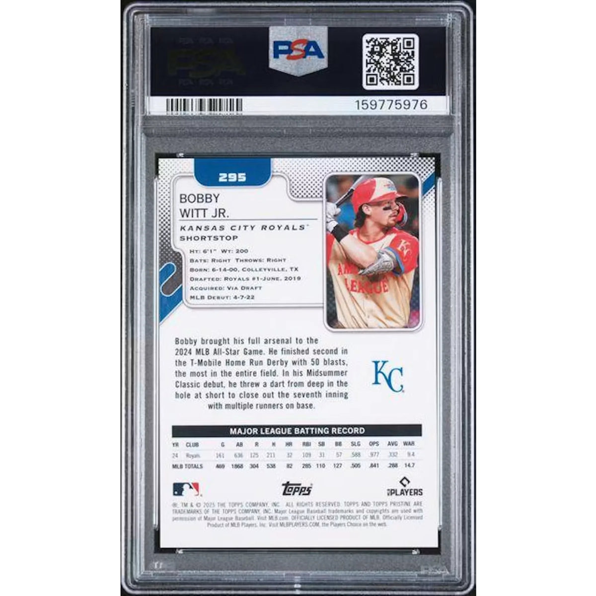 Bobby Witt Jr 2025 Topps Pristine Red Refractor Card #295 | PSA 10 | P5182400