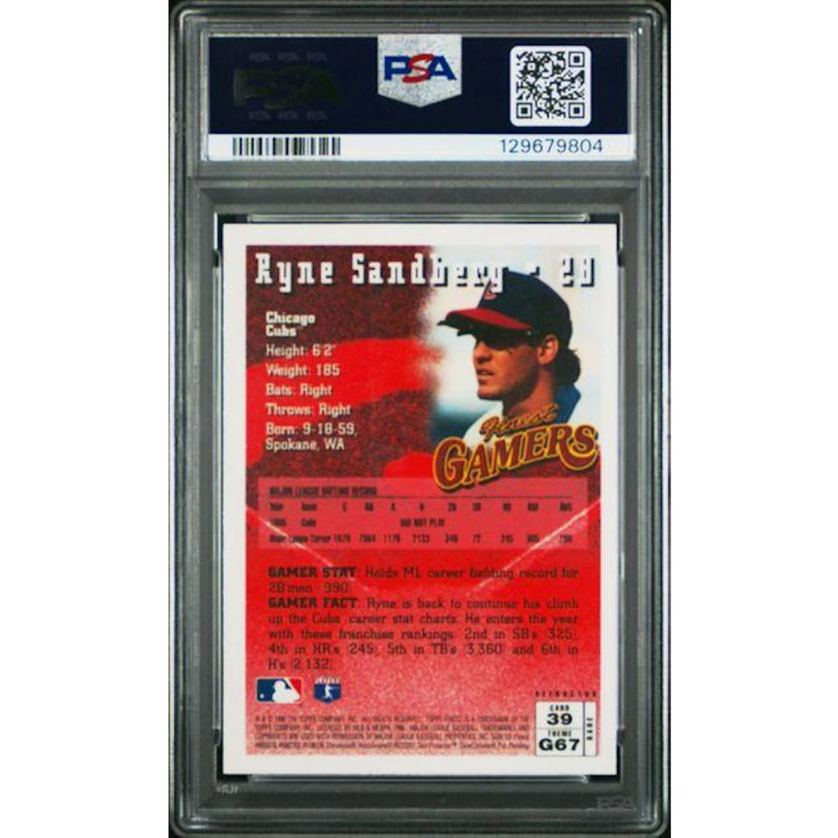Ryne Sandberg 1996 Topps Finest Refractor #39 | PSA 9 | P5182408