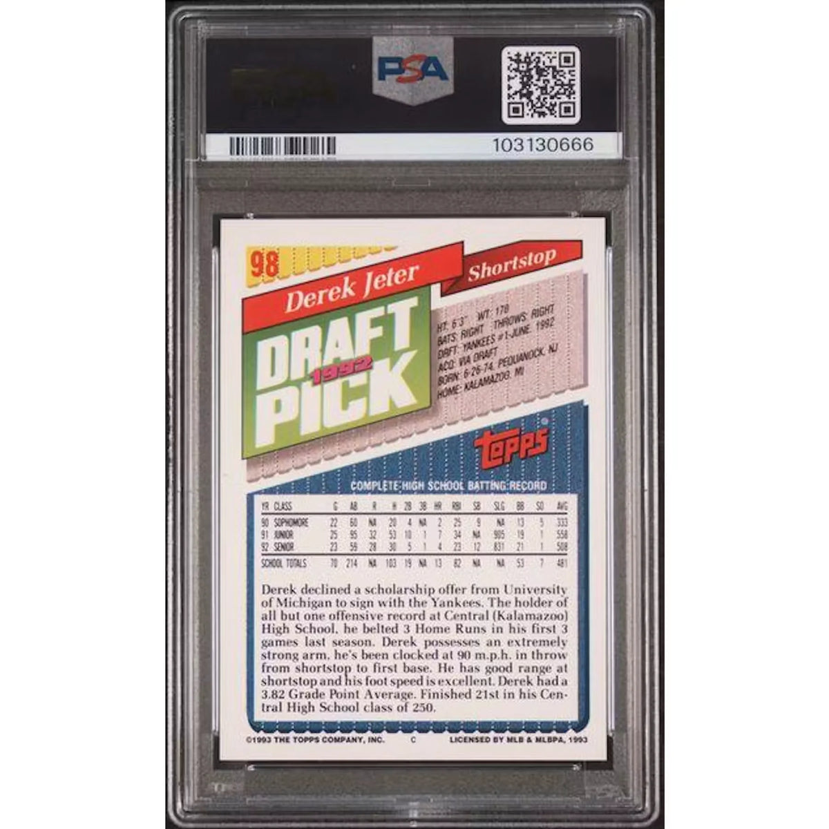 Derek Jeter 1993 Topps Marlins Inaugural Rookie #98 | PSA 9 | P5182416