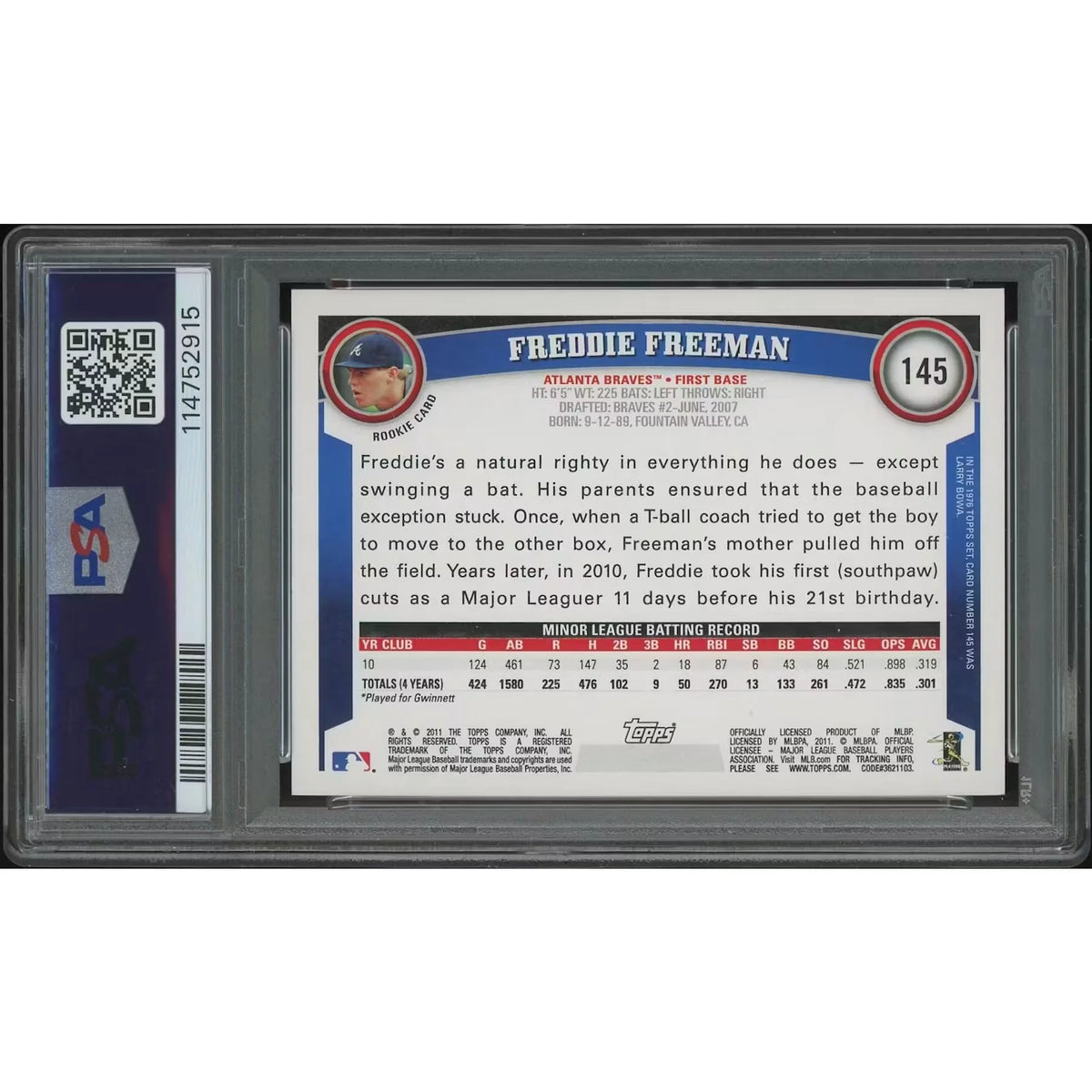 Freddie Freeman 2011 Topps Baseball #145 Rookie Card | PSA 10 Gem Mint | P5182443
