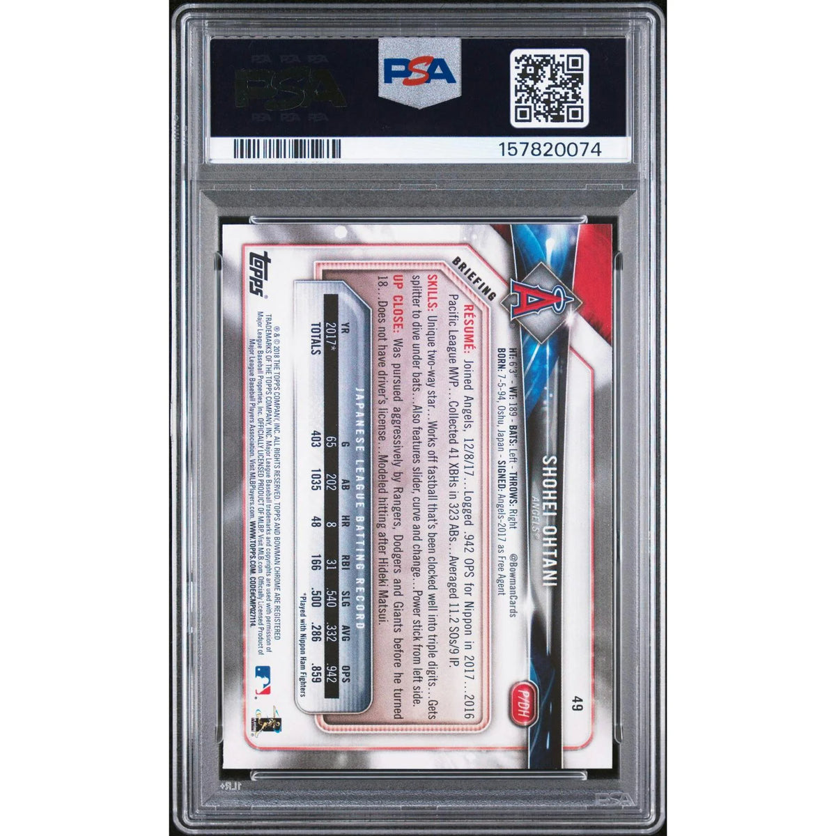 2018 Bowman Shohei Ohtani Rookie #49 PSA 9 - D2 | P5182452