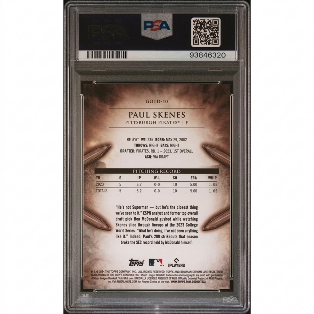 Paul Skenes 2024 Bowman Chrome Gladiators of the Diamond #GOTD10 | PSA 10 | P5182460