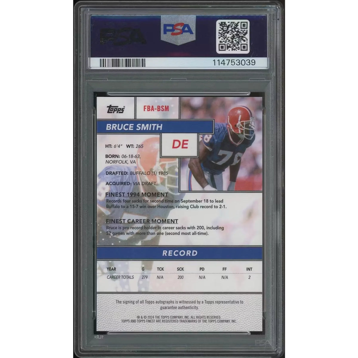 Bruce Smith Signed 2024 Topps Finest Football #10 Card | PSA 9 Mint | P5182491