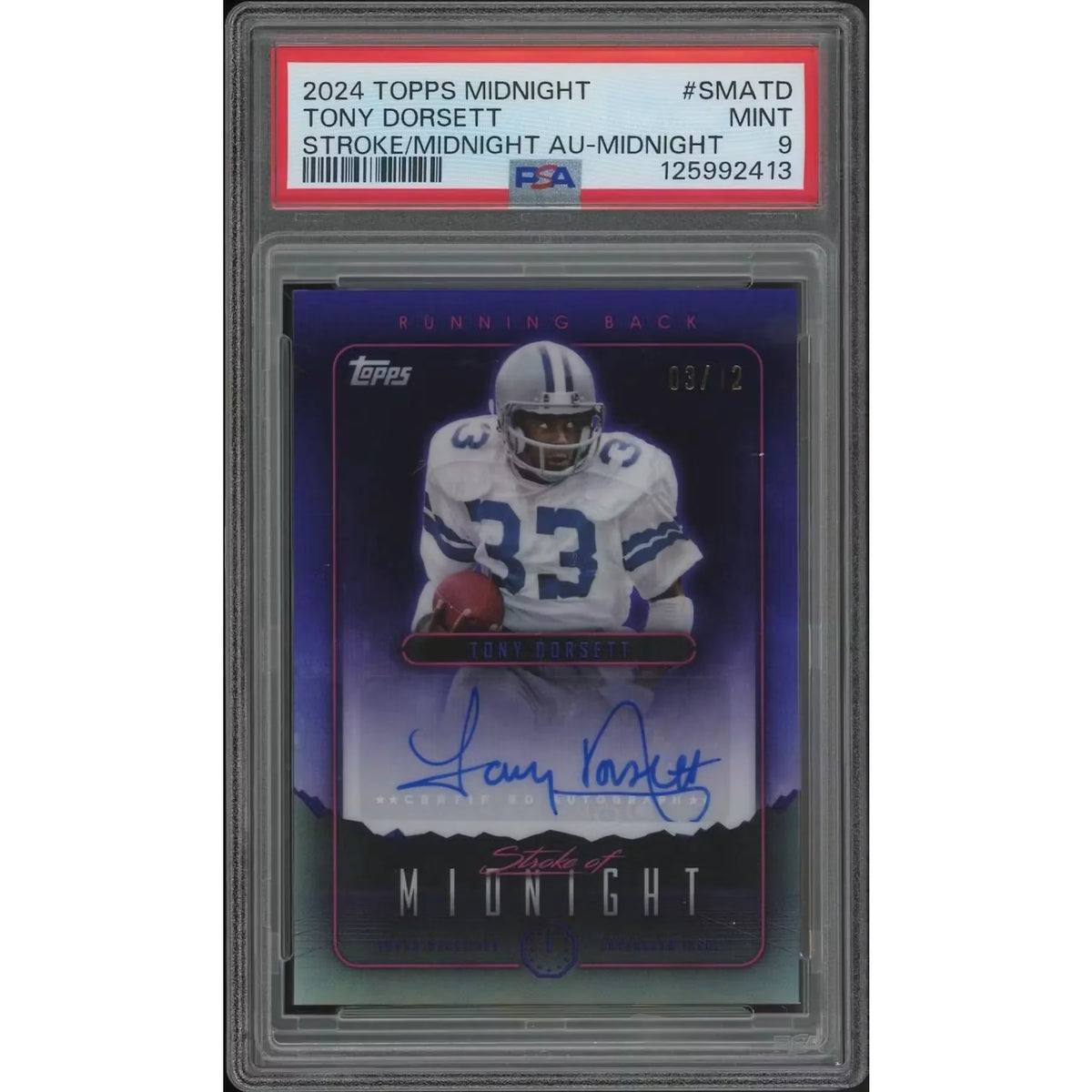 Tony Dorsett Signed 2024 Topps Midnight Football #03 Card | PSA 9 | P5182496