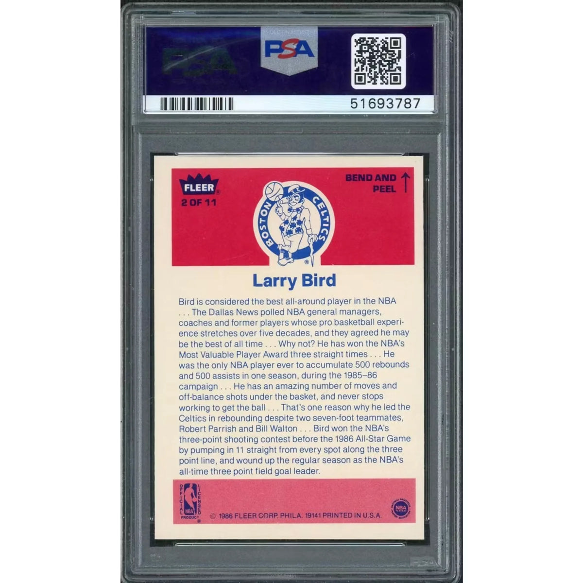 Larry Bird 1986 Fleer Sticker #2 | PSA 9 | P5182597