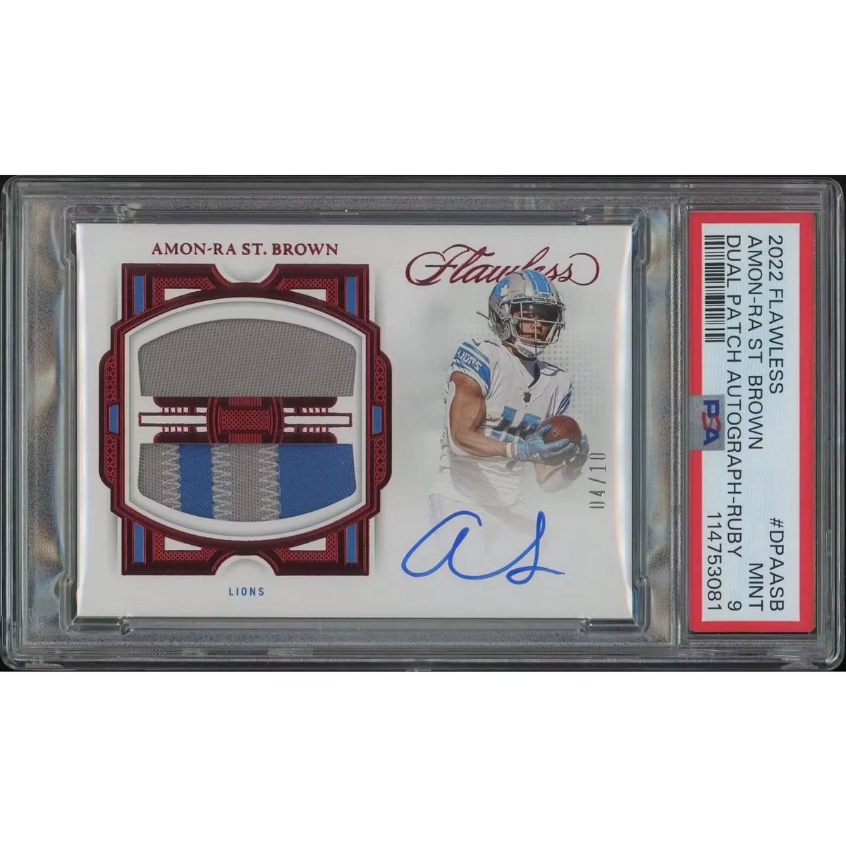 Amon-Ra St. Brown 2022 Panini Flawless Ruby Dual Patch Auto | PSA 9 #04/10 | P5182614