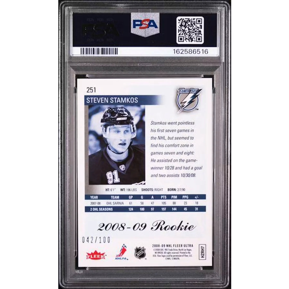 Steven Stamkos 2008 Fleer Ultra Ice Medallion Rookie #251 Card | PSA 10 | P5182624