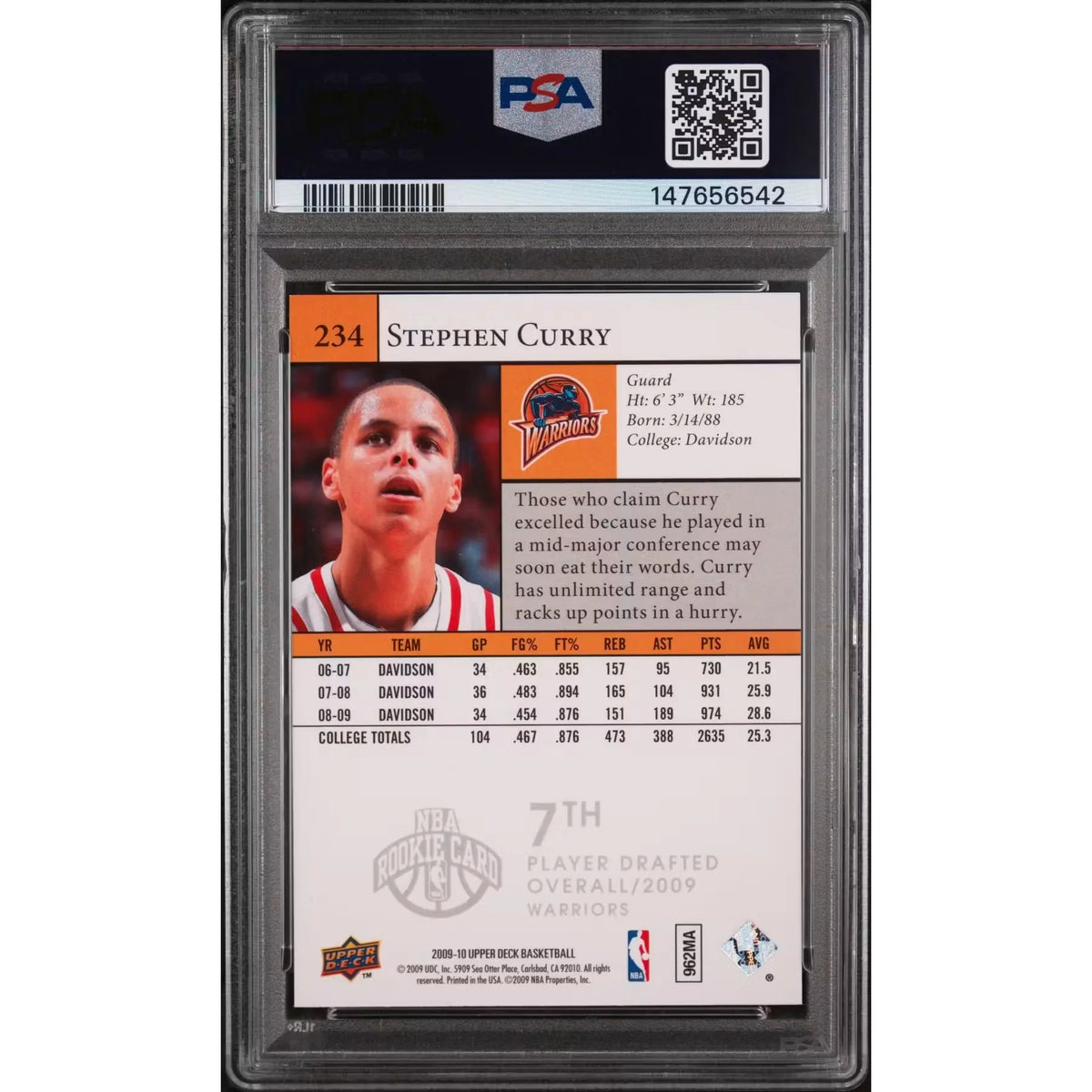 Stephen Curry 2009 Upper Deck Rookie #234 | PSA 9 | P5182669