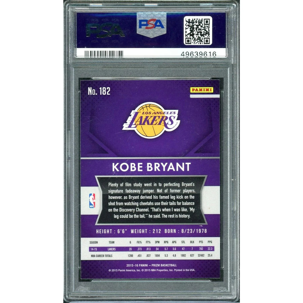 Kobe Bryant 2015 Panini Prizm Card #182 | PSA 10 Gem Mint | P5182715