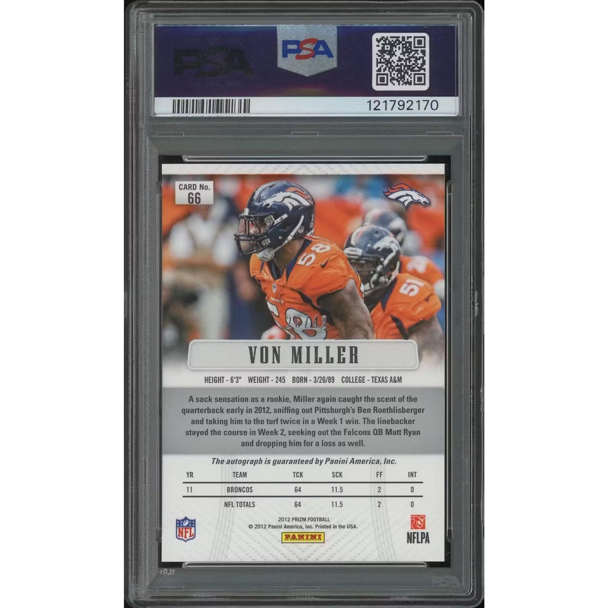 Von Miller Signed 2012 Panini Prizm Football Card #66 | PSA 10 Gem Mint | P5182718