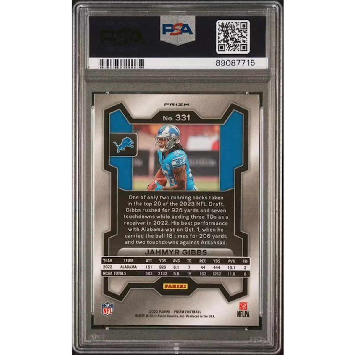 Jahmyr Gibbs 2023 Panini Prizm Silver Prizm Rookie #331 | PSA 10 | P5182746