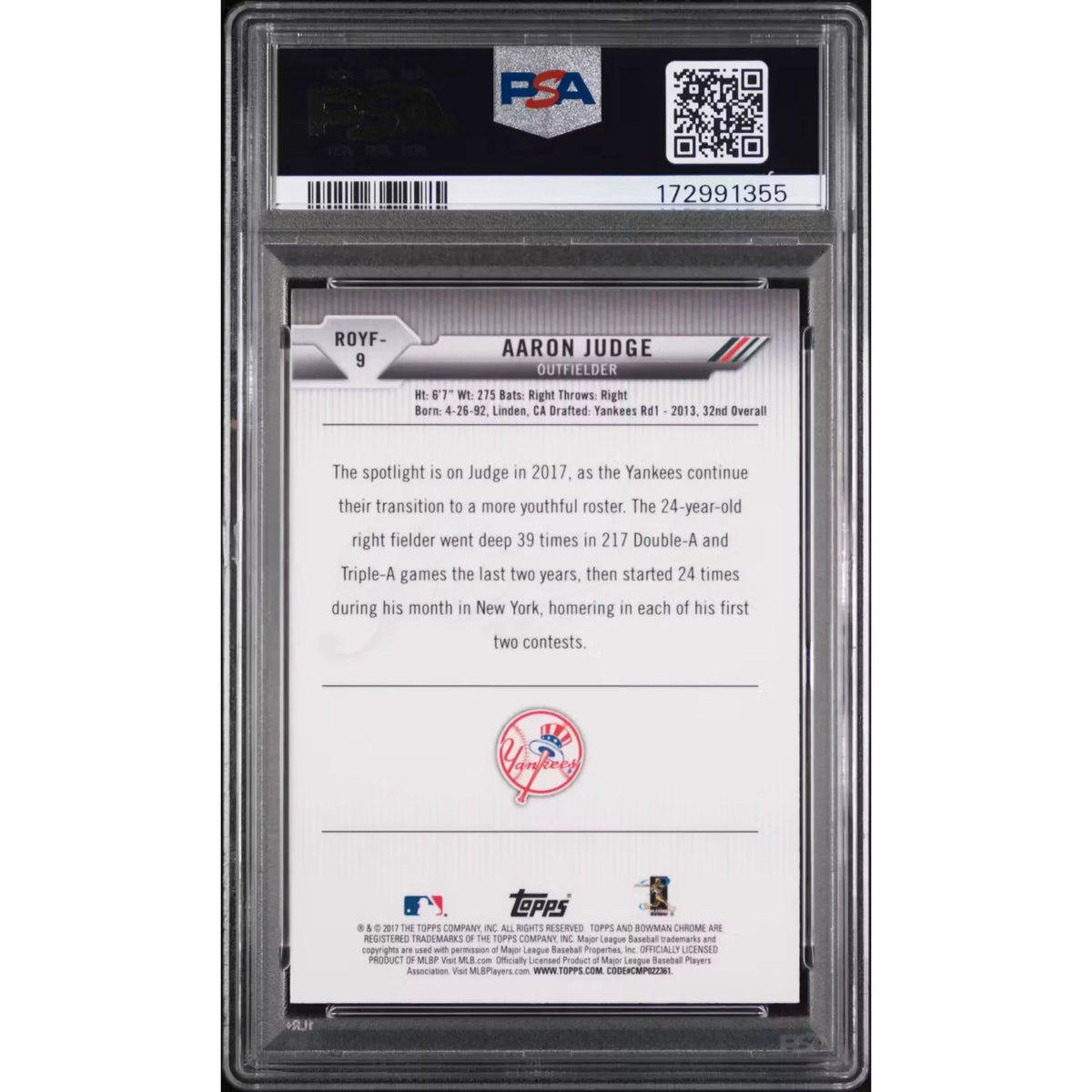 Aaron Judge 2017 Bowman Chrome Rookie of the Year Favorites #9 | PSA 10 | P5182774