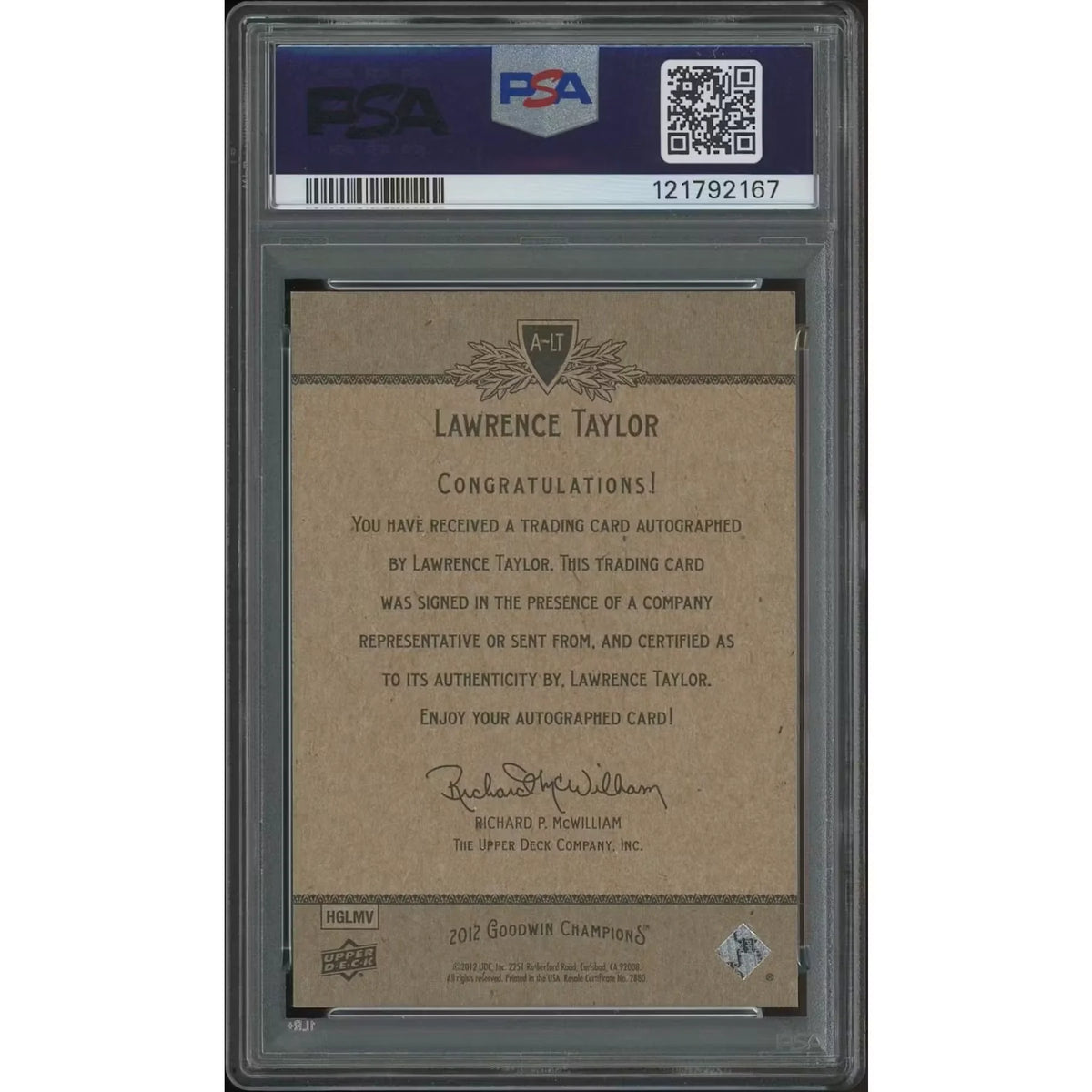 Lawrence Taylor Signed 2012 Upper Deck Goodwin Champions Card | PSA 10 Gem Mint | P5182776
