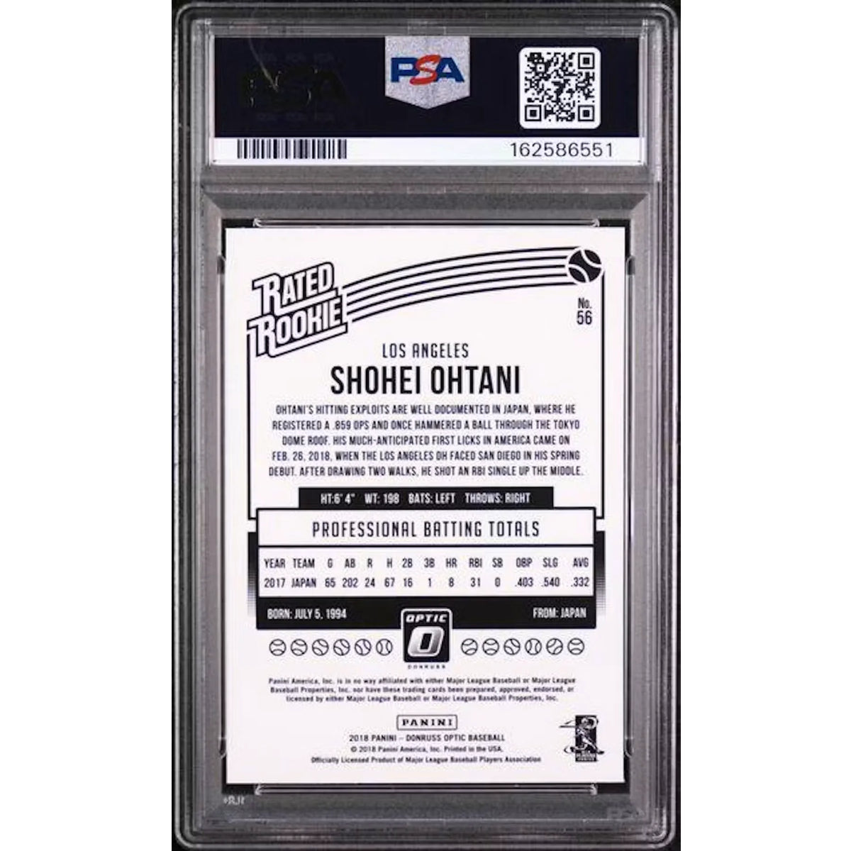 Shohei Ohtani 2018 Panini Donruss Optic Rated Rookie #56 | PSA 9 | P5182790