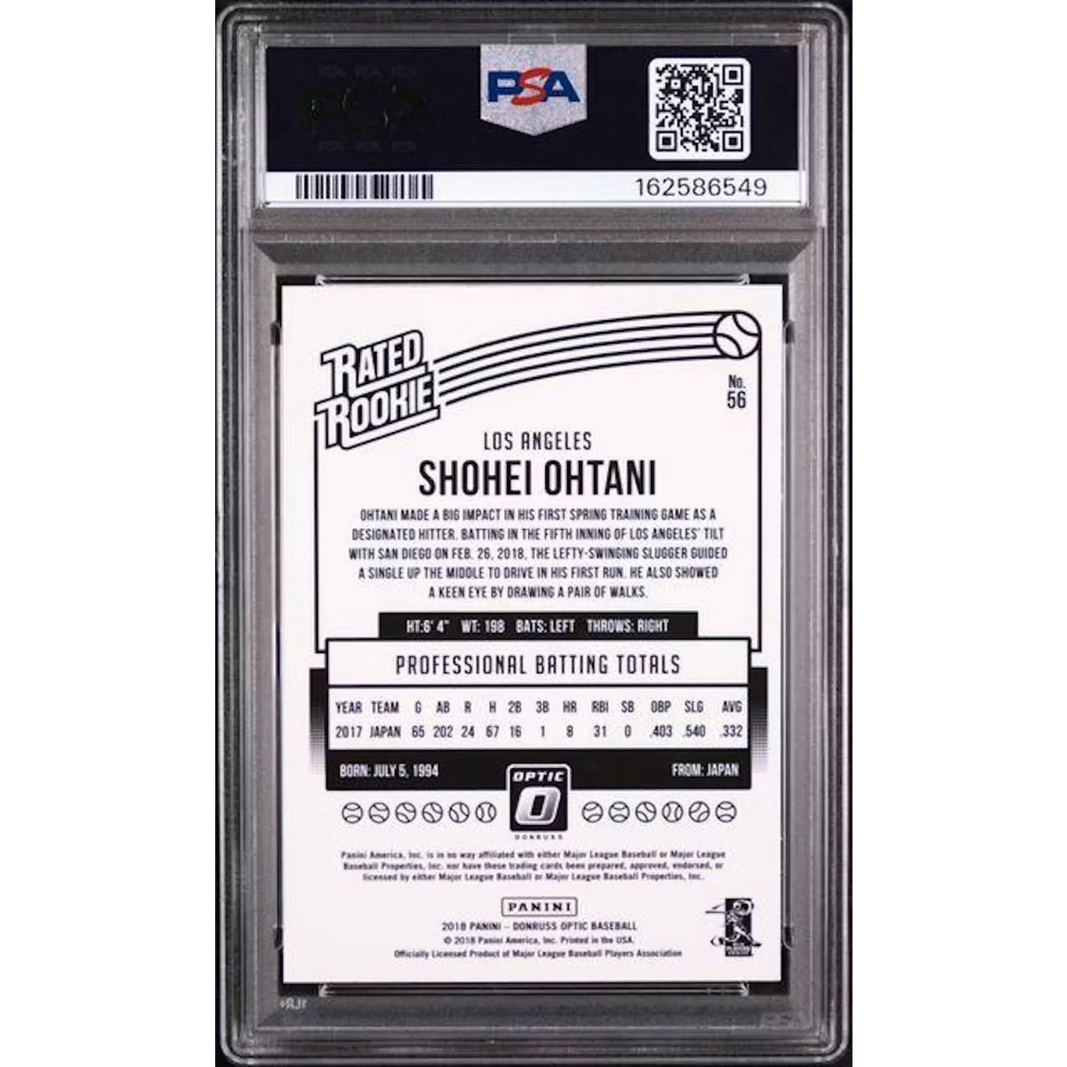 Shohei Ohtani 2018 Panini Donruss Optic Rated Rookie #56 | PSA 8 | P5182803