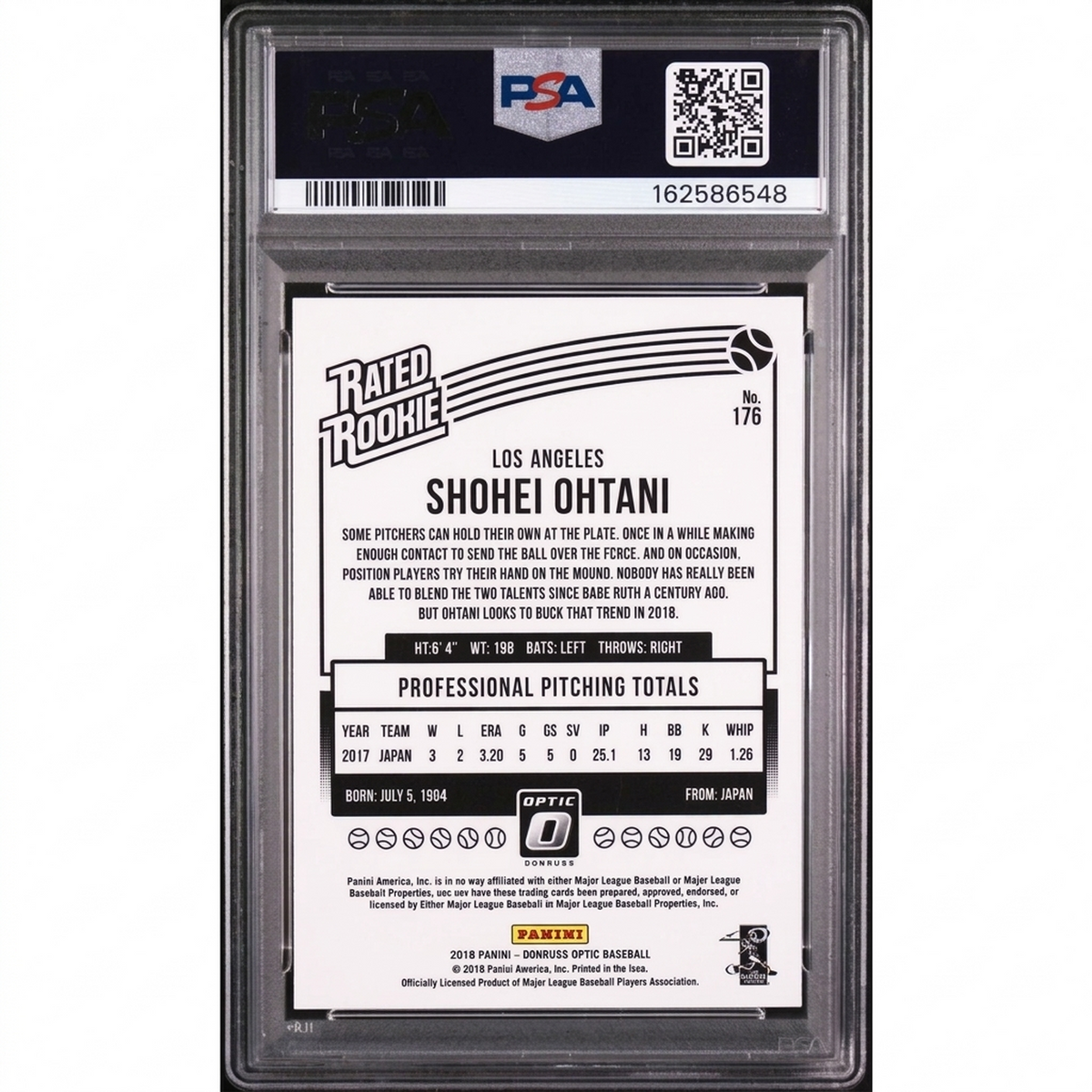 Shohei Ohtani 2018 Panini Donruss Optic Rated Rookie #176 | PSA 8 | P5182804