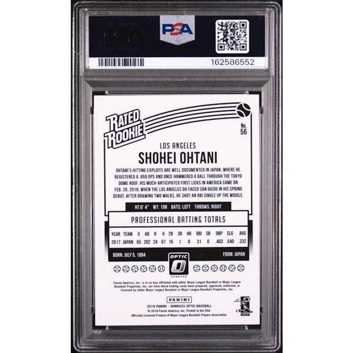 Shohei Ohtani 2018 Panini Donruss Optic Rated Rookie #56 | PSA 7 | P5182805