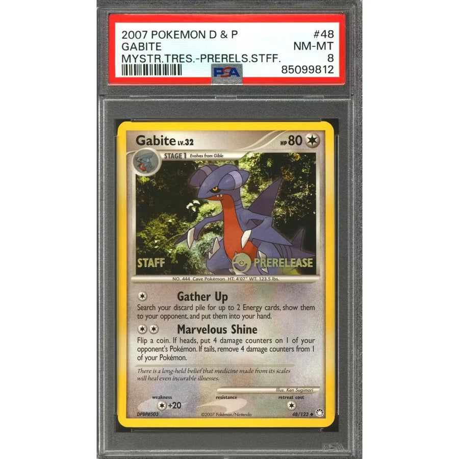 Pokemon 2007 Gabite Prerelease Staff Card | PSA 8 Mysterious Treasures 48/123 | P5296451