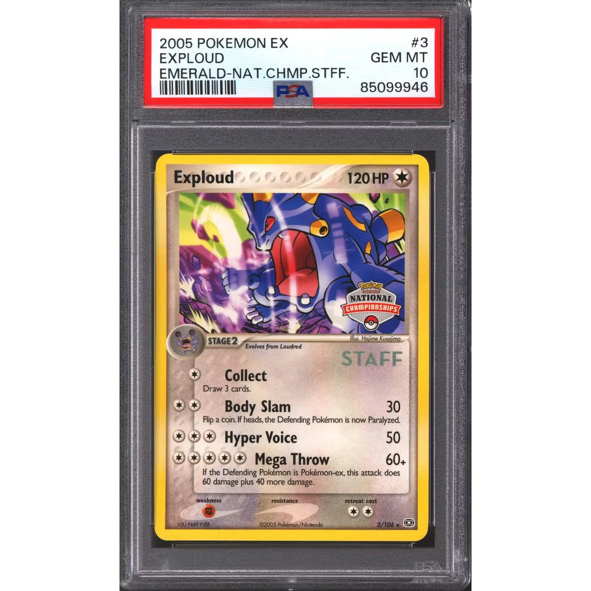 Pokemon Emerald National Championship Staff Exploud 3/106 | PSA 10 Gem - D2 | P5296482