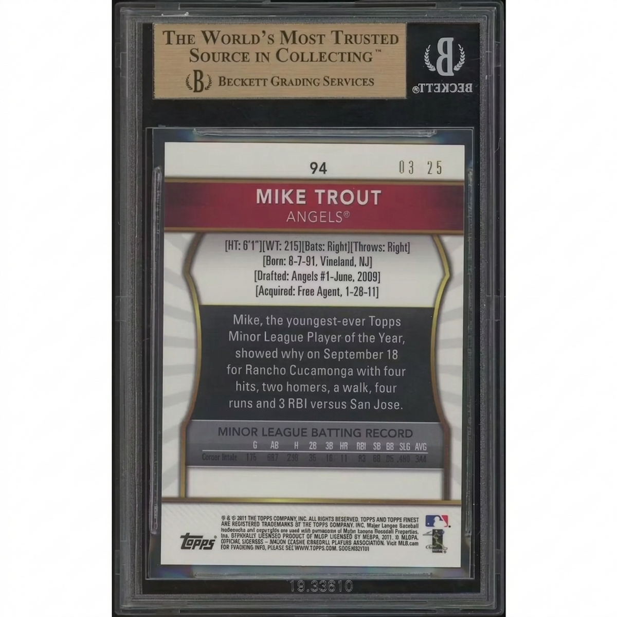 Mike Trout 2011 Topps Finest Red Refractor Rookie Card | BGS 9.5 | P5298268