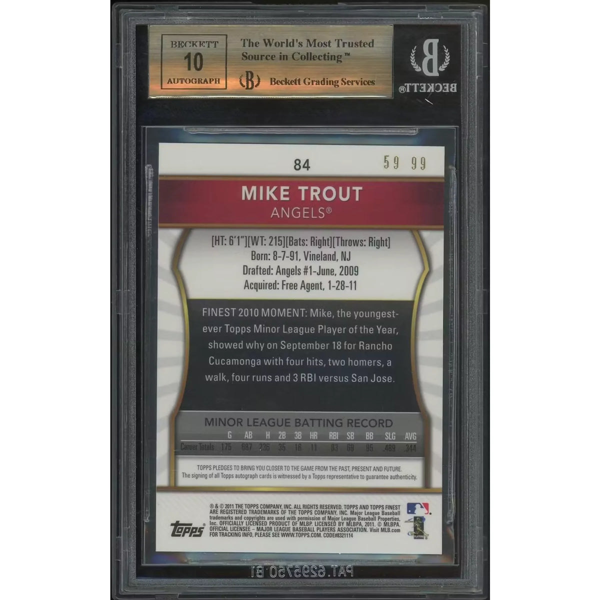 Mike Trout 2011 Topps Finest Orange Refractor Rookie Auto #59/99 | BGS 9.5 | P5298282
