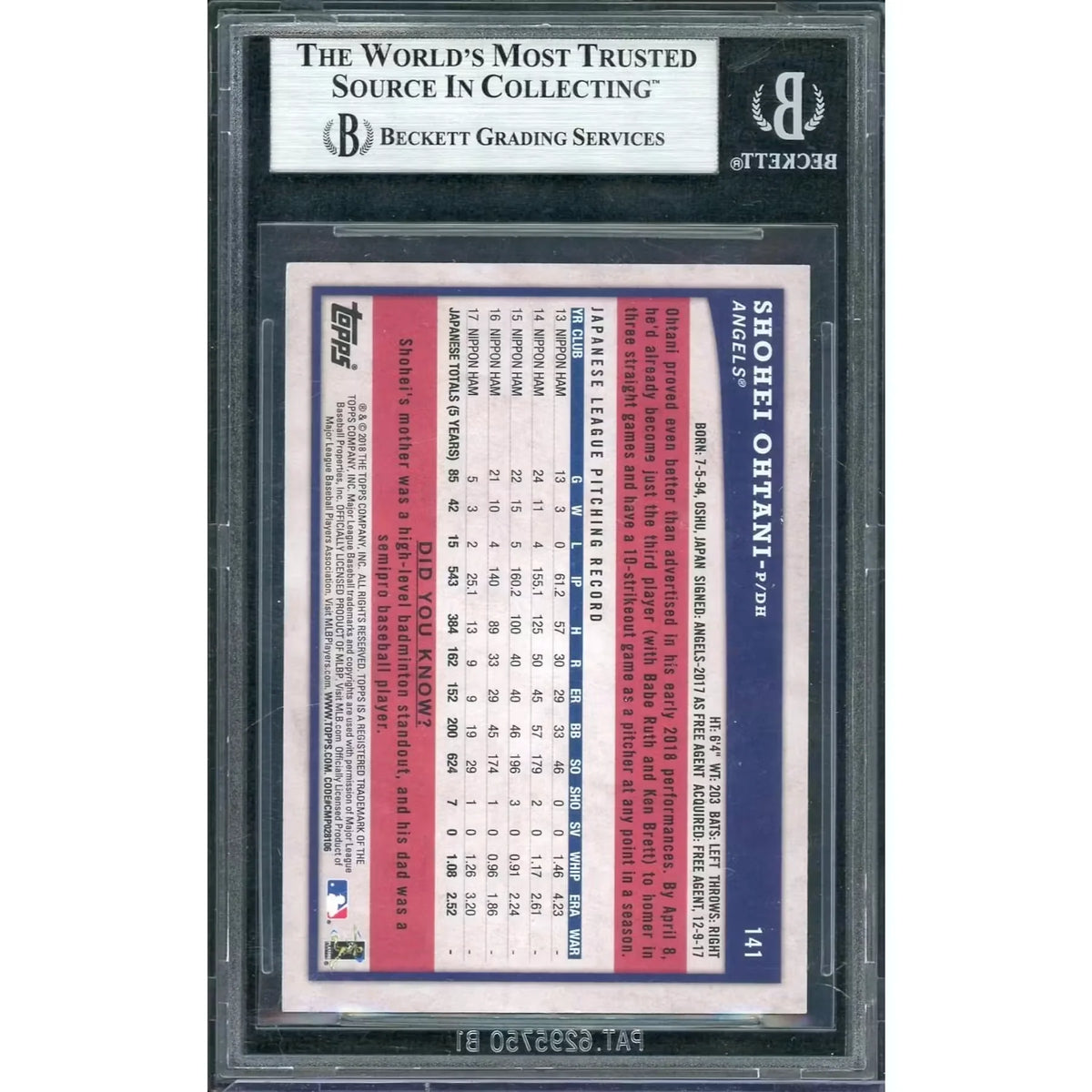 Shohei Ohtani 2018 Topps Big League Rookie Card #141 | BGS 9 Black & White | P5298290