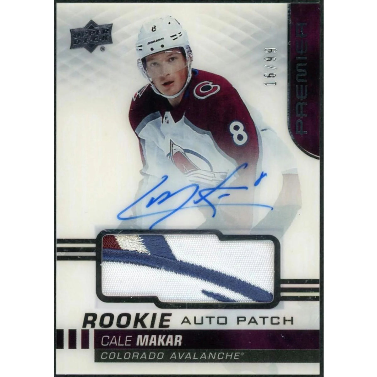 Cale Makar 2019 Upper Deck Premier Rookie Auto Patch Card | #AR-CM/99 | P5298399