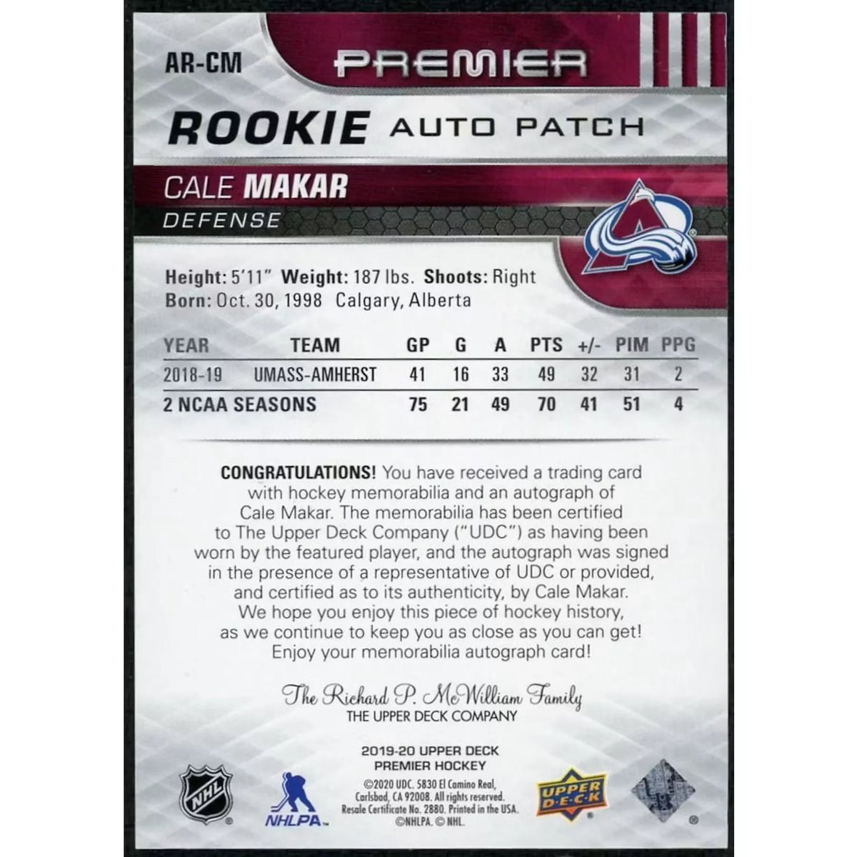 Cale Makar 2019 Upper Deck Premier Rookie Auto Patch Card | #AR-CM/99 | P5298399