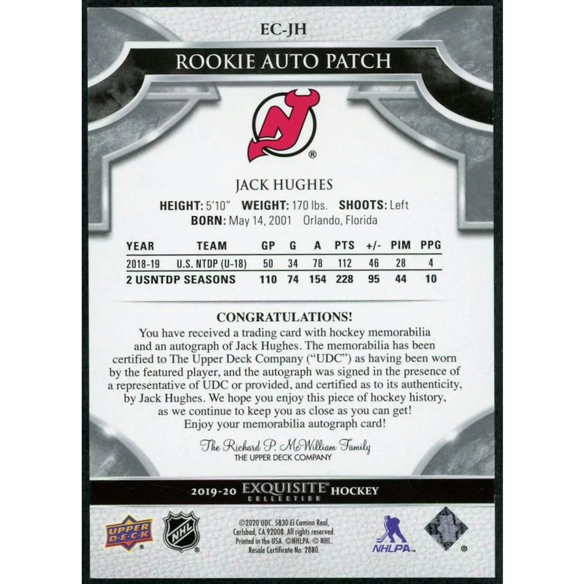 Jack Hughes 2019-20 Upper Deck The Cup Exquisite Rookie Auto Patch |/86 | P5298402