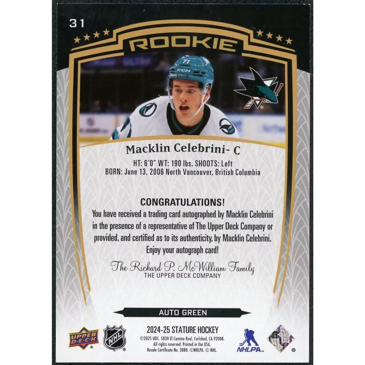 Macklin Celebrini Signed Rookie Card | 2024-25 Upper Deck Stature #31 | P5298448