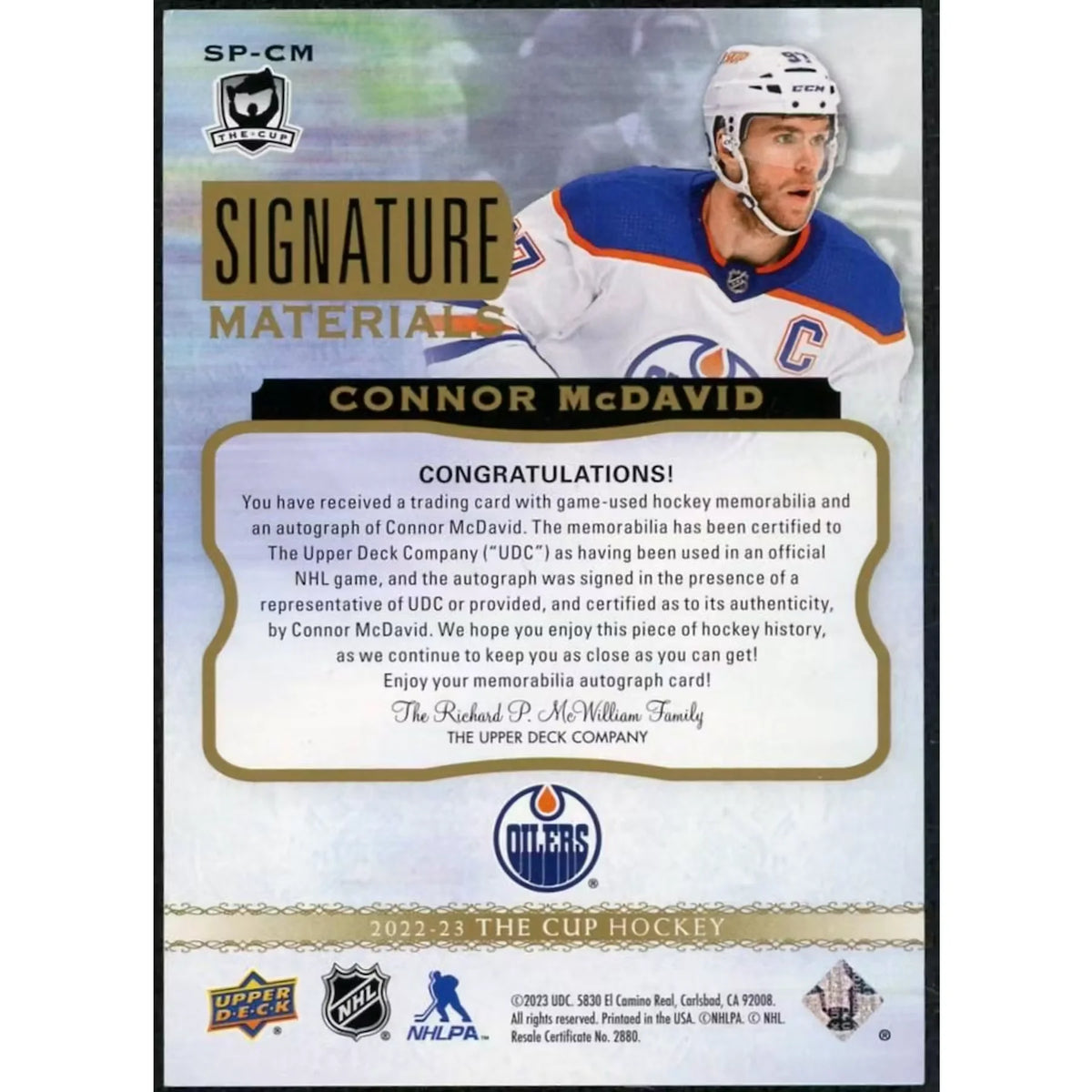 Connor McDavid Signed 2022-23 Upper Deck The Cup Card | Auto/10 | P5298482