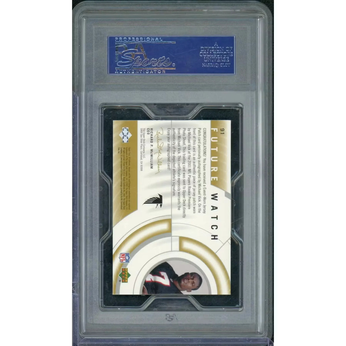 Michael Vick Signed 2001 Upper Deck SP Authentic Patch #91 Card | PSA 8.5 | P5298492