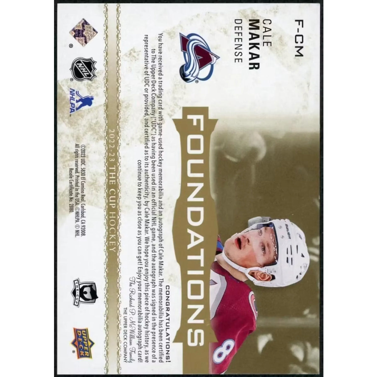 Cale Makar Signed 2022-23 Upper Deck The Cup Card | Foundations Quad Patch | P5298511
