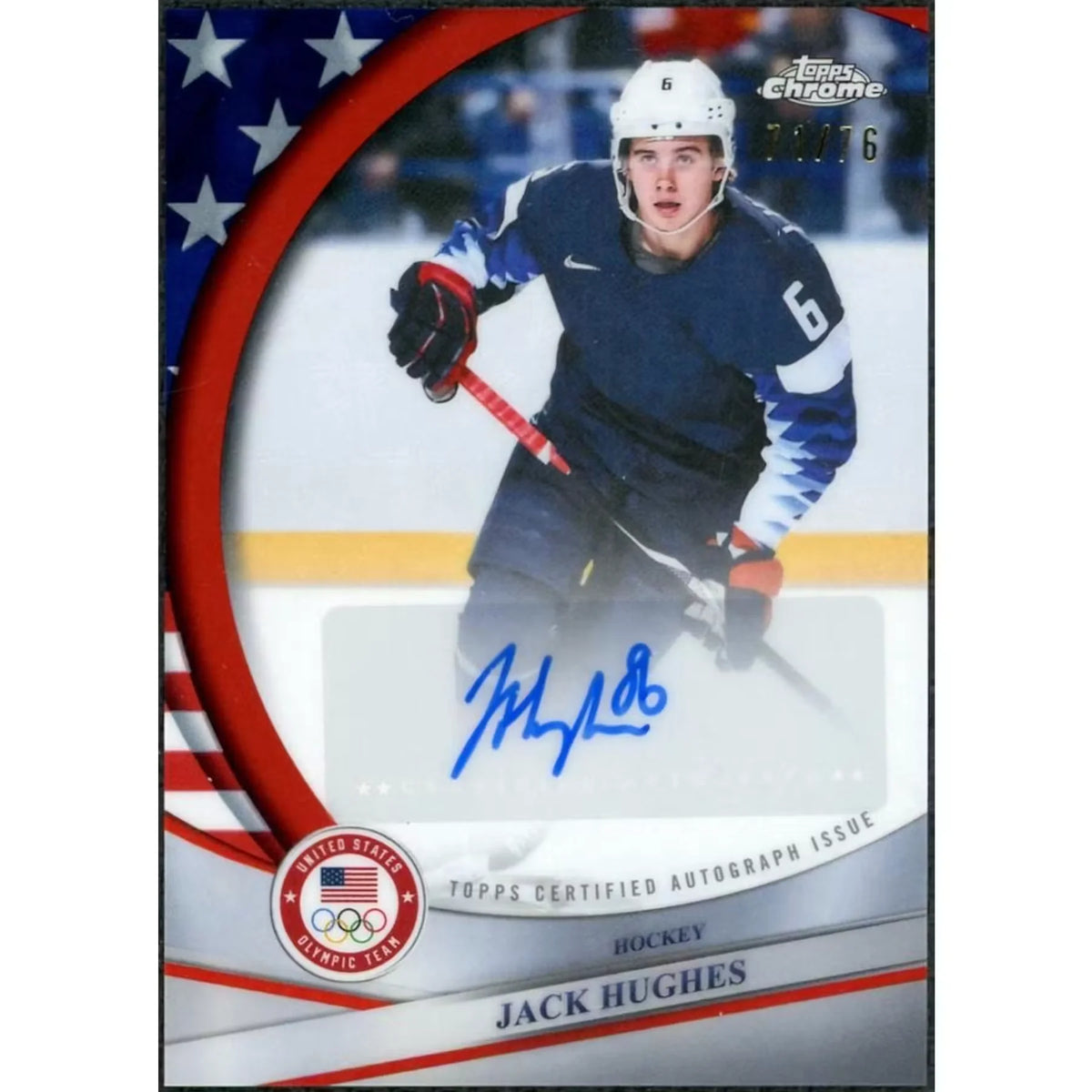 Jack Hughes Signed 2026 Topps Chrome Olympic Card | Flag Auto/76 | P5298512