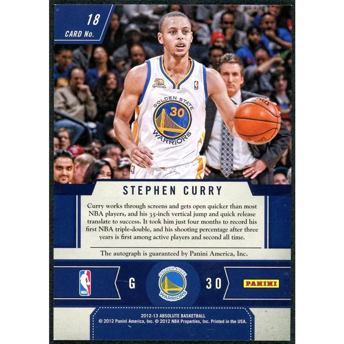Stephen Curry Signed 2012-13 Panini Absolute Card | Frequent Flyer Auto #18 | P5298516