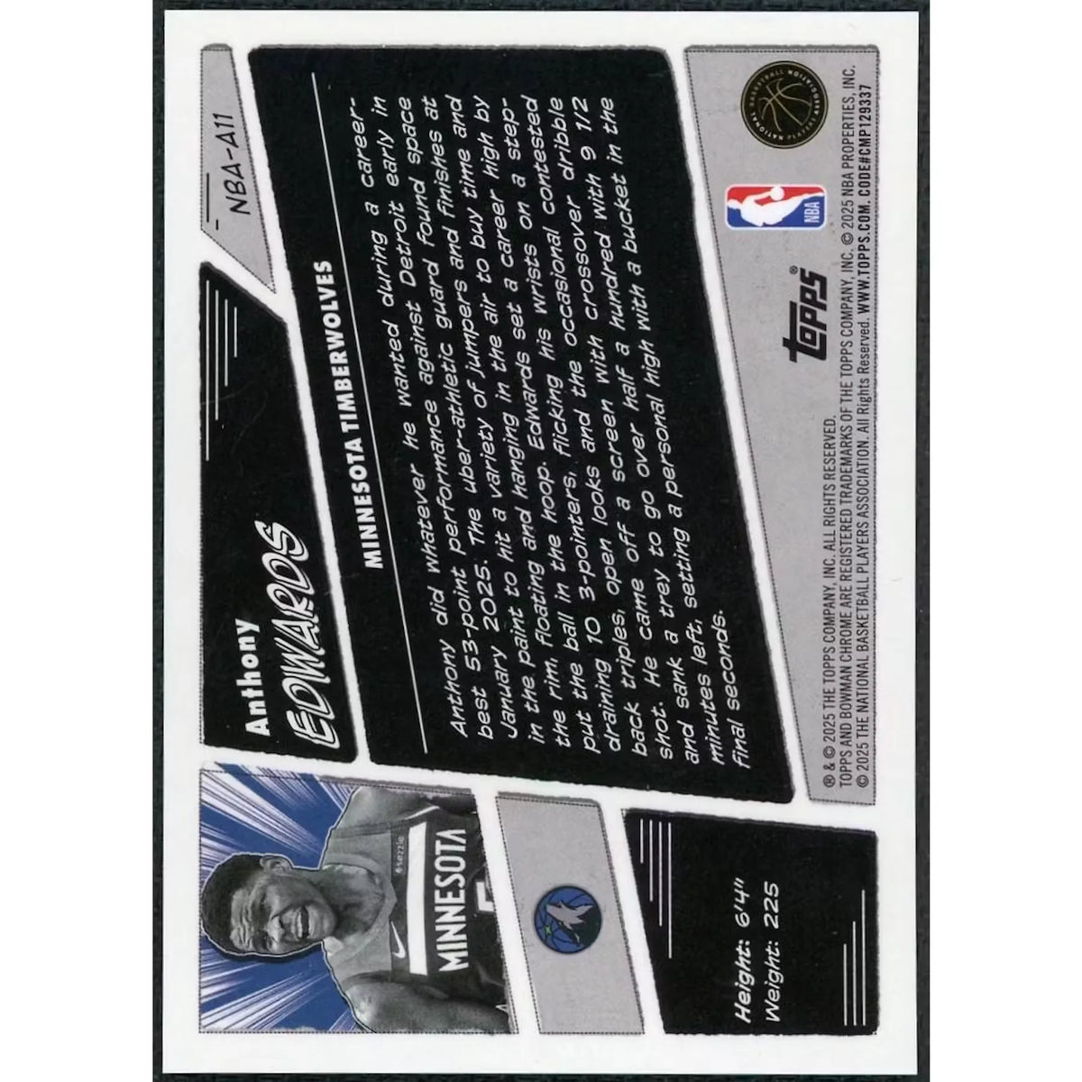 Anthony Edwards 2025 Bowman Chrome Anime Card | NBA-A11 | P5298550