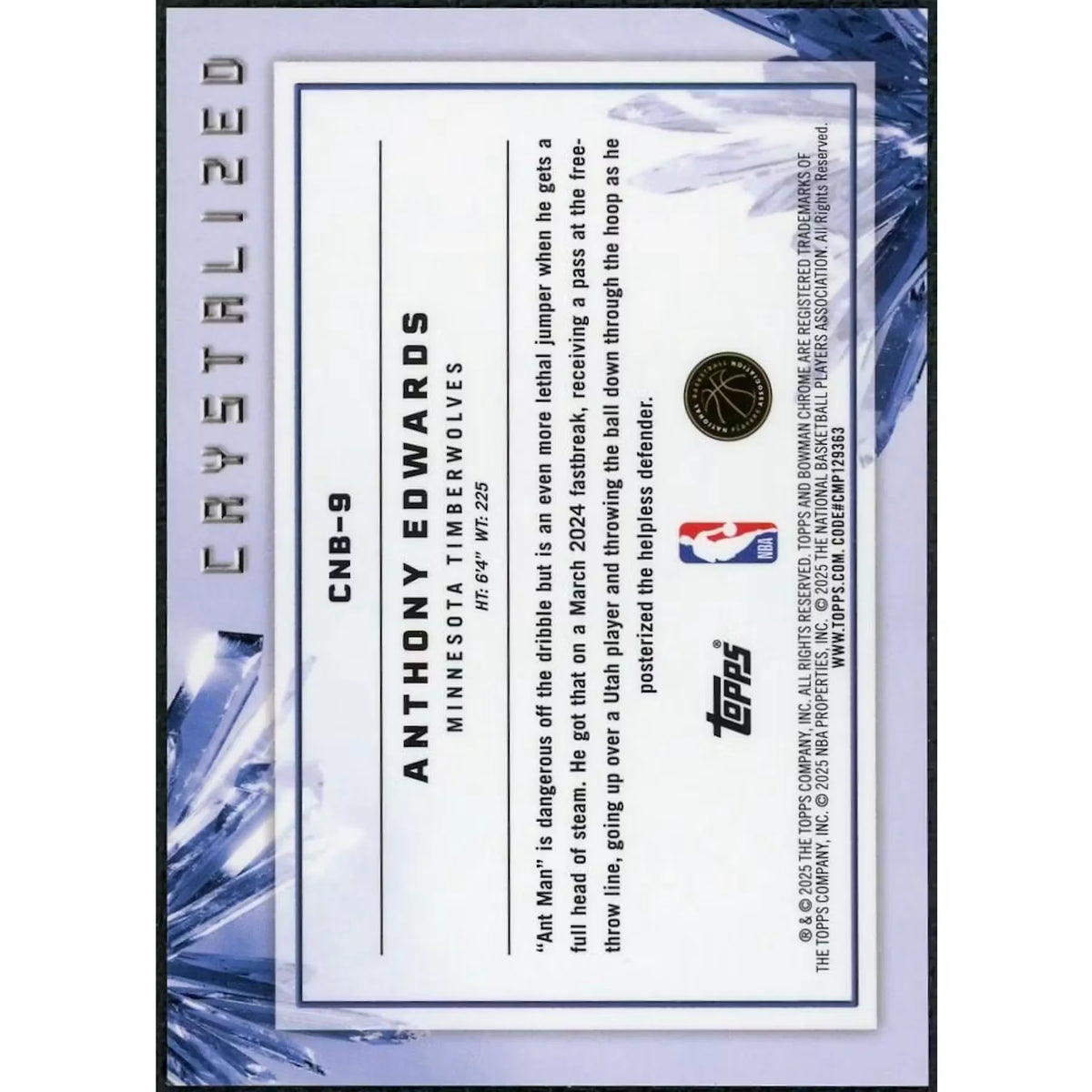 Anthony Edwards 2025 Bowman Chrome Crystalized #CNB-9 | P5298655