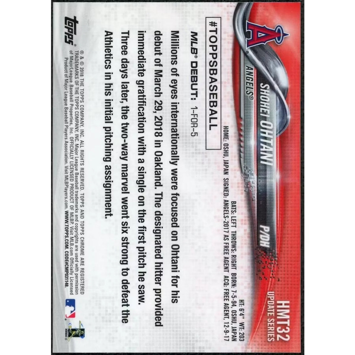 2018 Topps Chrome Update Shohei Ohtani Rookie Debut #HMT32 - D2 | P5298661
