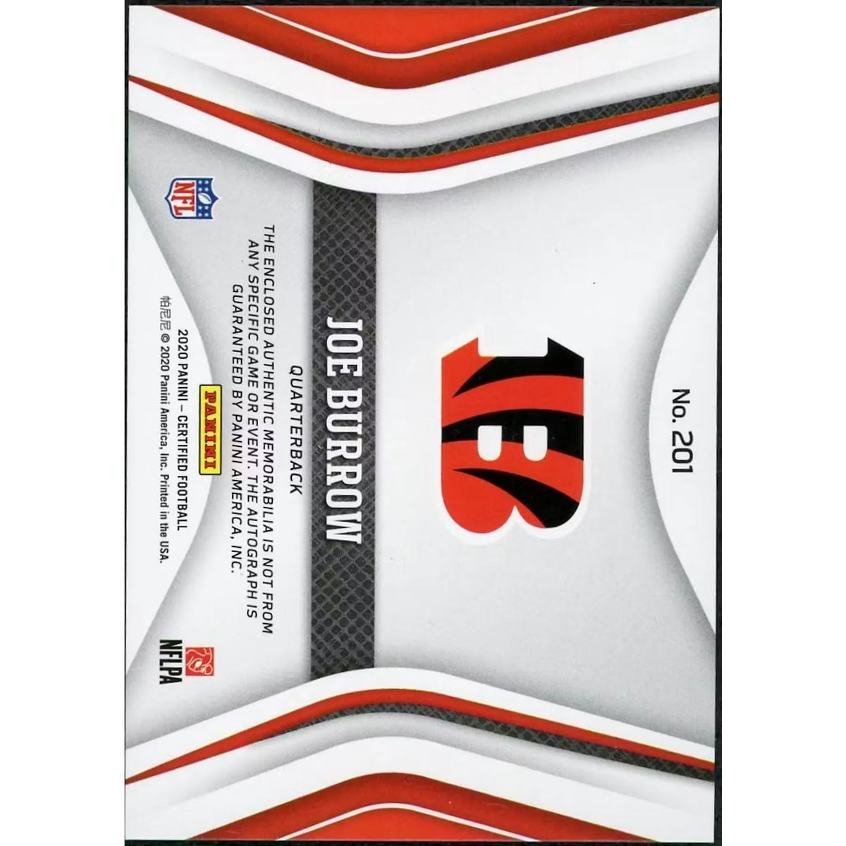 Joe Burrow Signed 2020 Panini Certified Freshman Fabric Rookie Patch Auto |/199 | P5298711