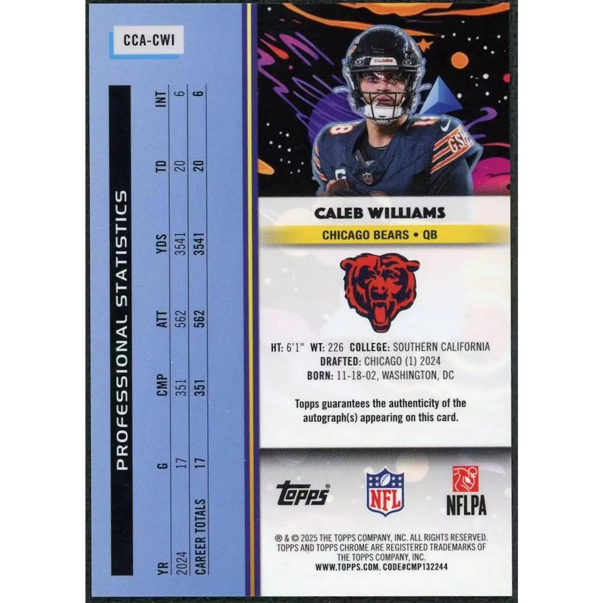 Caleb Williams Signed 2025 Topps Cosmic Chrome Card | #CCA-CW1 | P5298712