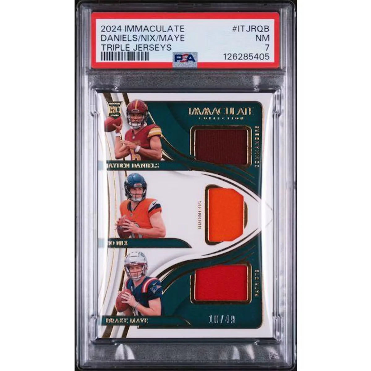 2024 Immaculate Jayden Daniels/Bo Nix/Drake Maye Rookie Triple Jersey | PSA 7 | P5299022