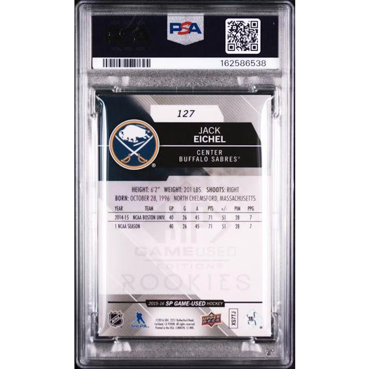 Jack Eichel 2015 Upper Deck SP Game Used Rookie Card #127 | PSA 8 | P5299097
