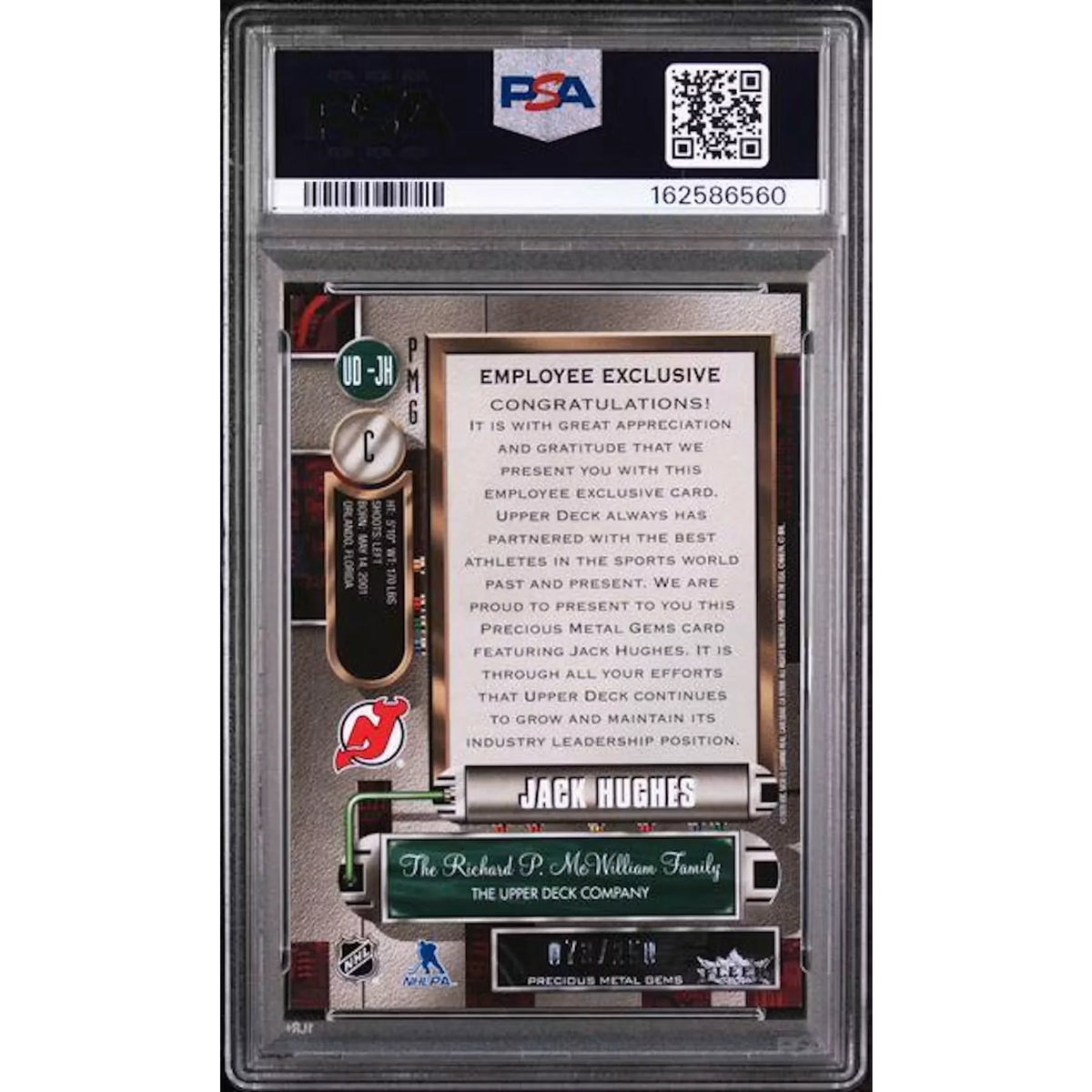 Jack Hughes 2019 UD Employee Exclusive Purple Rookie Card | PSA 7 | P5299101