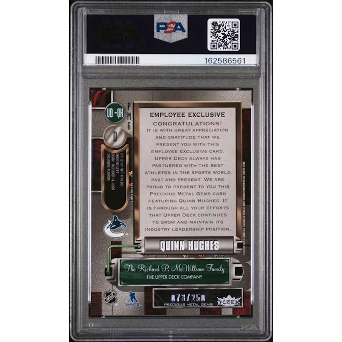 Quinn Hughes 2019 UD Employee Exclusive Purple Rookie Card | PSA 7 | P5299190