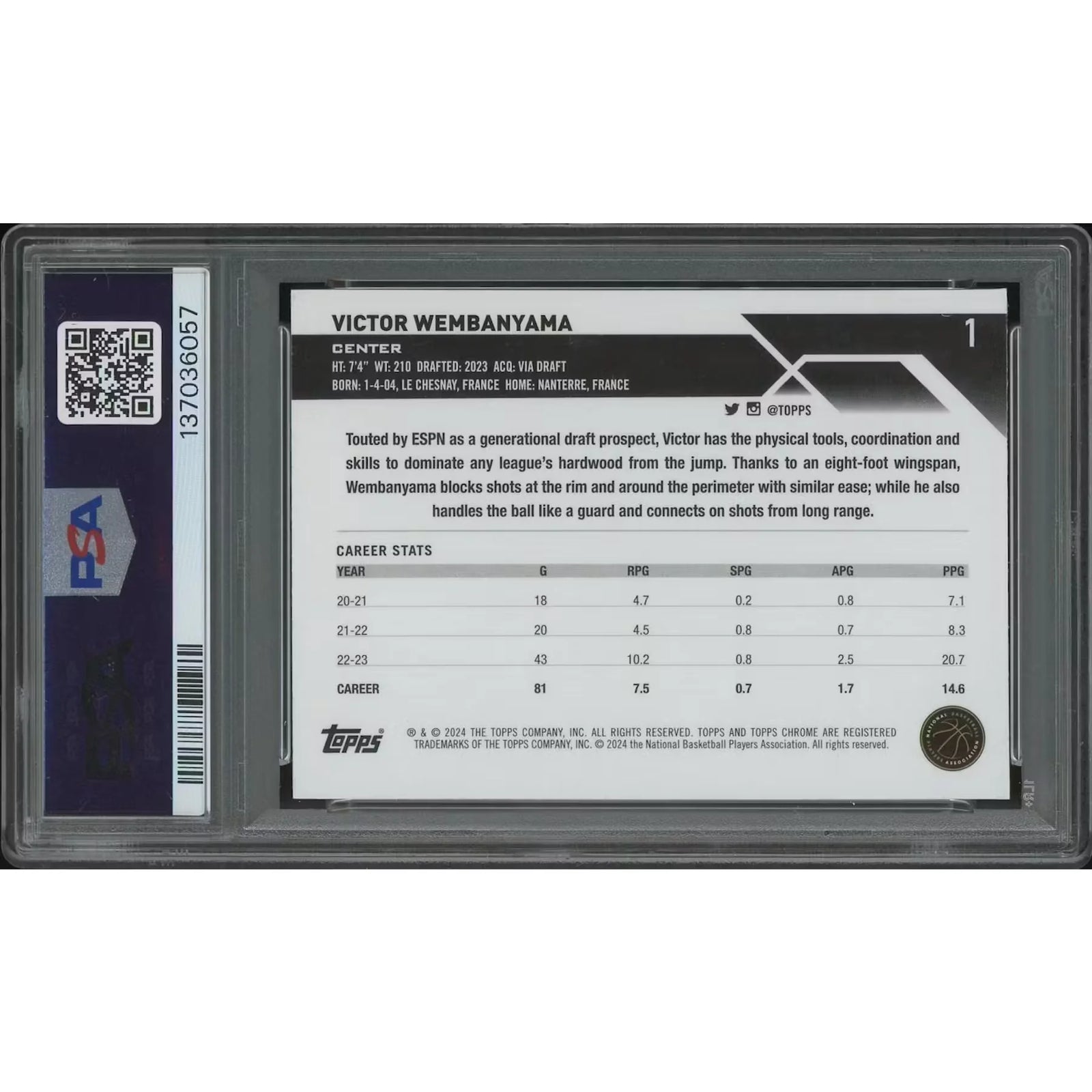 Victor Wembanyama 2023-24 Topps Chrome #1 Pink Refractor Rookie | PSA 10
